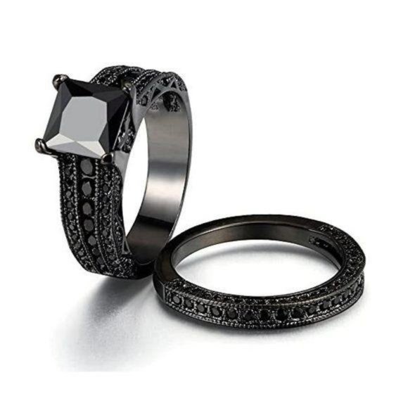 2PC/SET Princess Cut Black Gray Pave Gothic Engagement Ring - Picture 5 of 6
